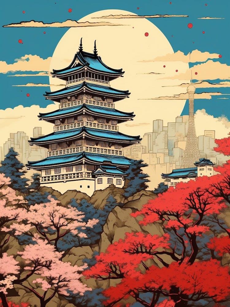 Himeji Castle, Japan Vintage Travel Art 3
