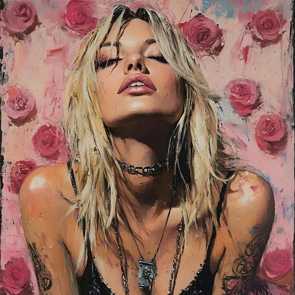 Punk Blonde Woman And Pink Roses 2