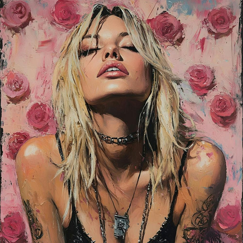 Punk Blonde Woman And Pink Roses 2