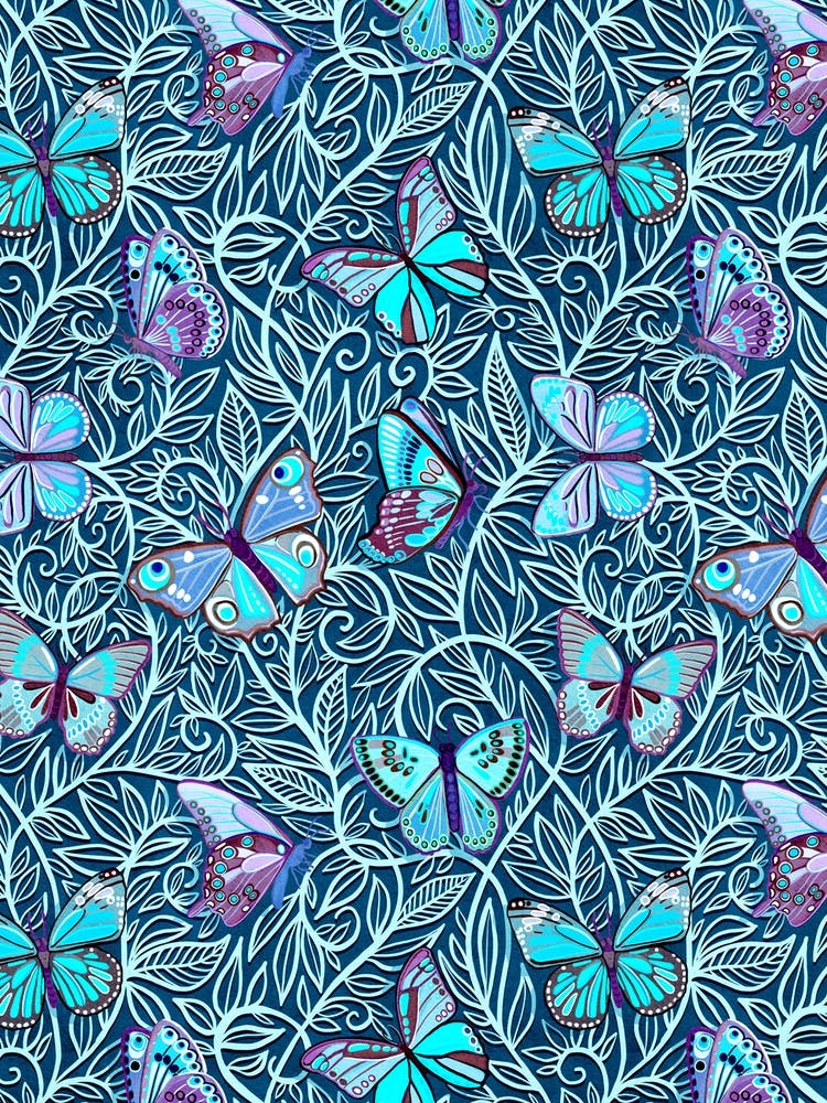 Art Nouveau Butterfly Floral In Blue And Purple