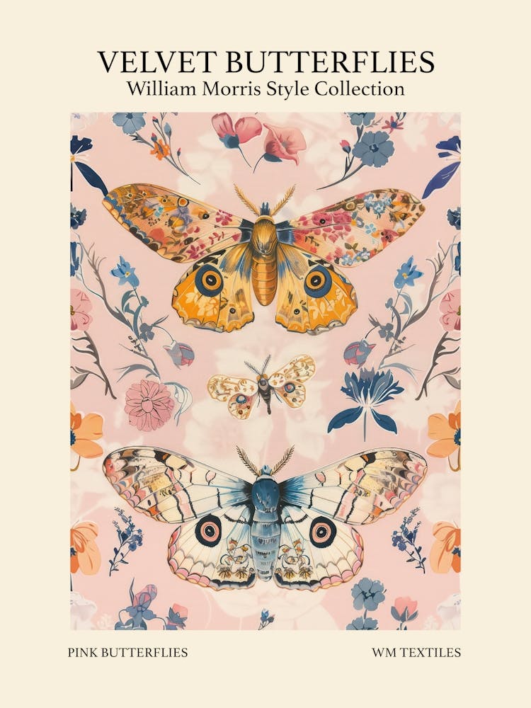 Velvet Butterflies Collection Pink Butterflies William Morris Style 2