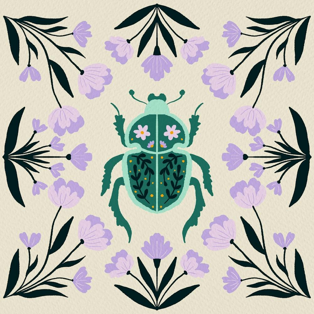 Beetle and flowers - violet and green