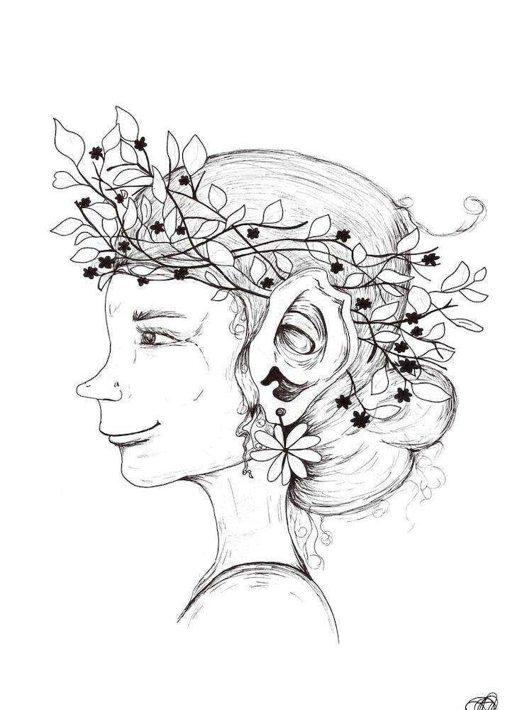 Black and White Pixie with Flowers