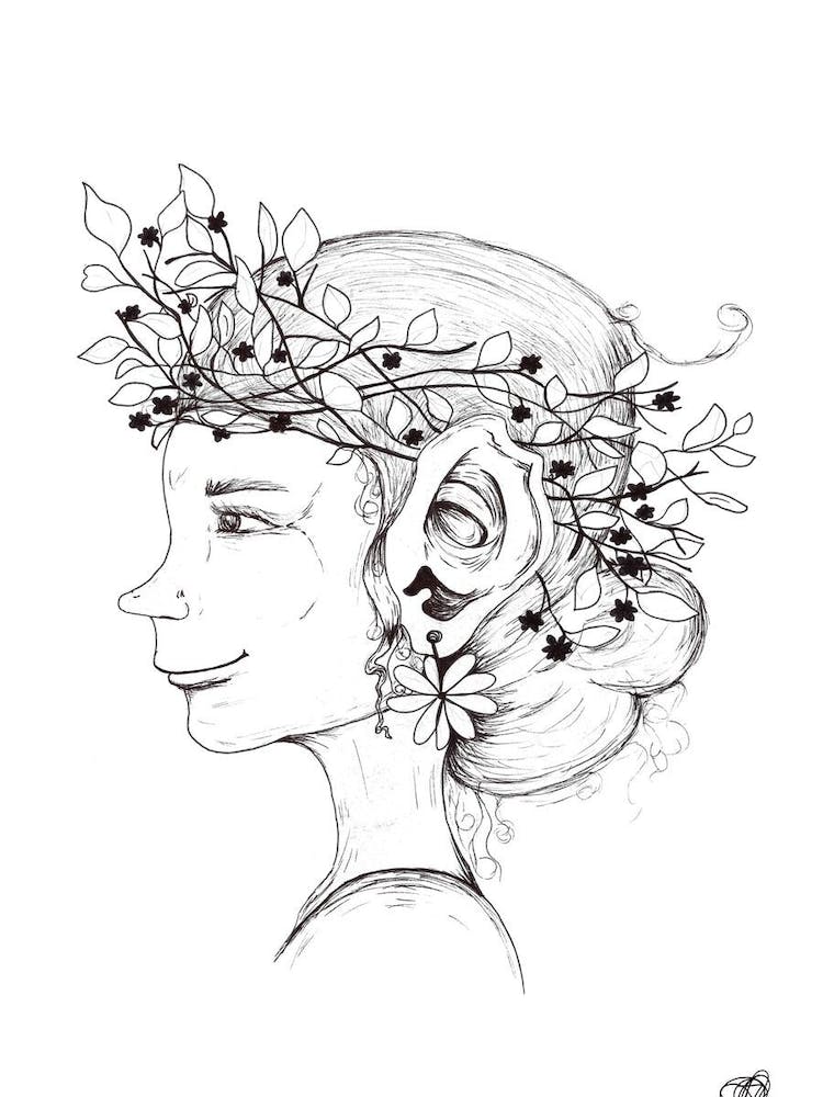 Black and White Pixie with Flowers