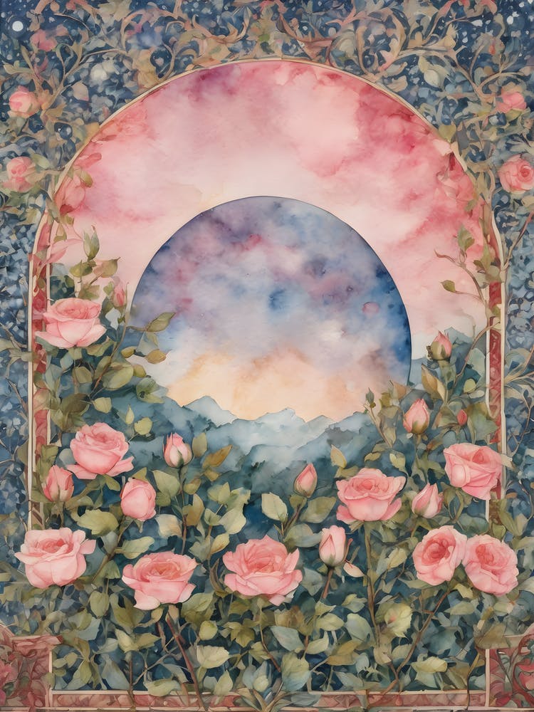 Blue Moon Amongst Pink Roses ~ Art Nouveau Tarot Double Moon Vines Room Wall Home Decor ~ Witchy Pagan Beautiful Pink Full Moon ~ Bohemian Watercolour Painting Crystal Ball Witch Witchcore Fairytale Artwork, Goddess Yoga Meditation Room 1