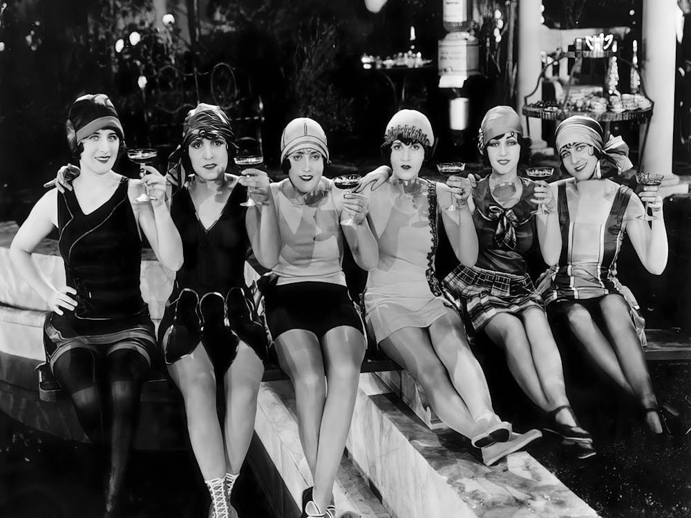 Flapper Girls Drinking Champagne, Vintage Black and White Old Photo