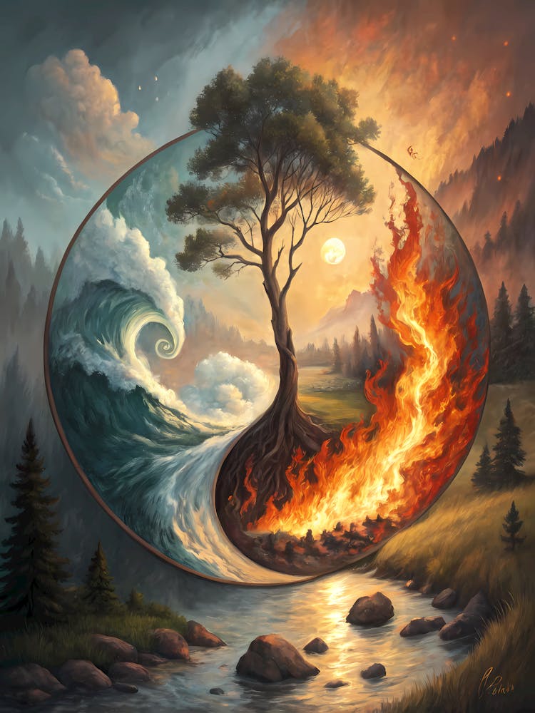 Oil Painting Style Yin-Yang Elements Spiritual Nature Landscape with Tree, Fire & Water