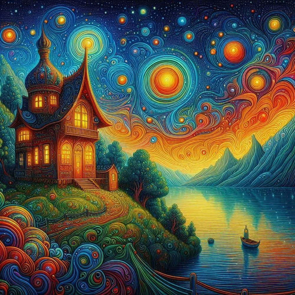 Starry Night with lake in psychedelic painting art