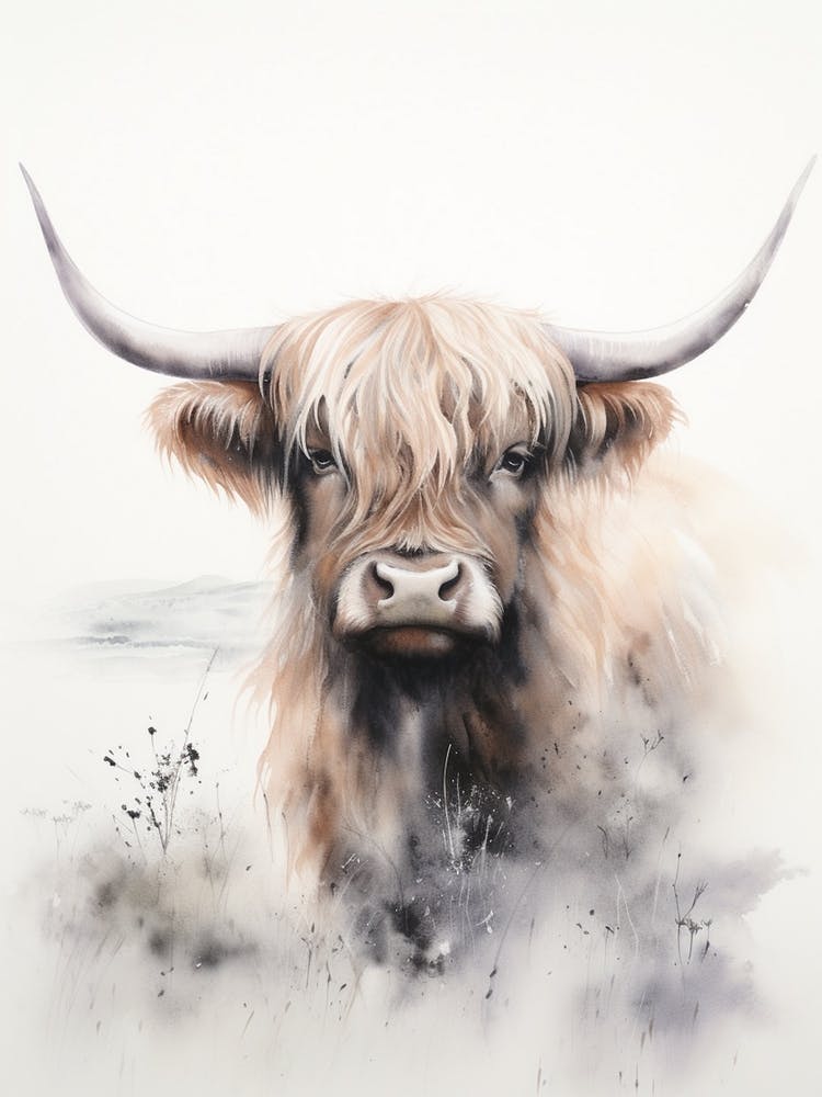 Neutral Watercolour Portrait Of Highland Cow 6