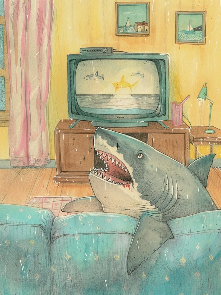 Shark On The Sofa Watching Tv Watercolour Illustration