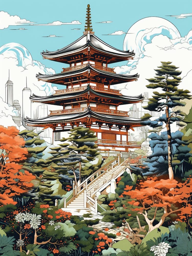 Ginkaku Ji Temple Japan Modern Illustration 2