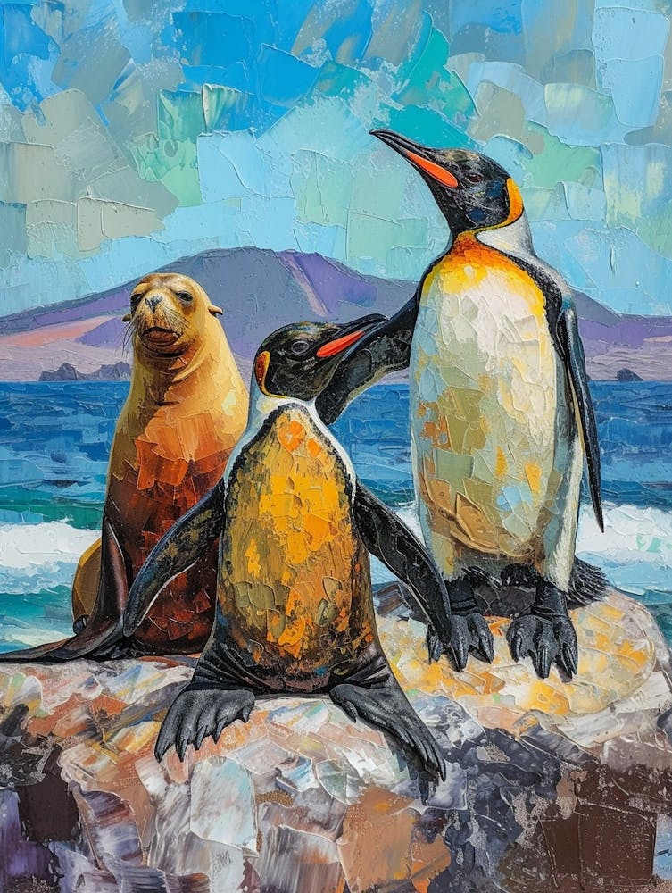 Galapagos Penguin Sea Lion Island Colour Block Painting 1