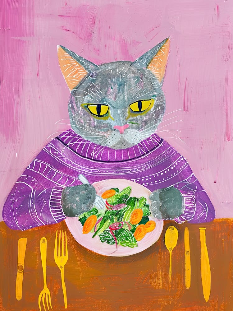 Blue Cat Eating Salad Folk Illustration 2