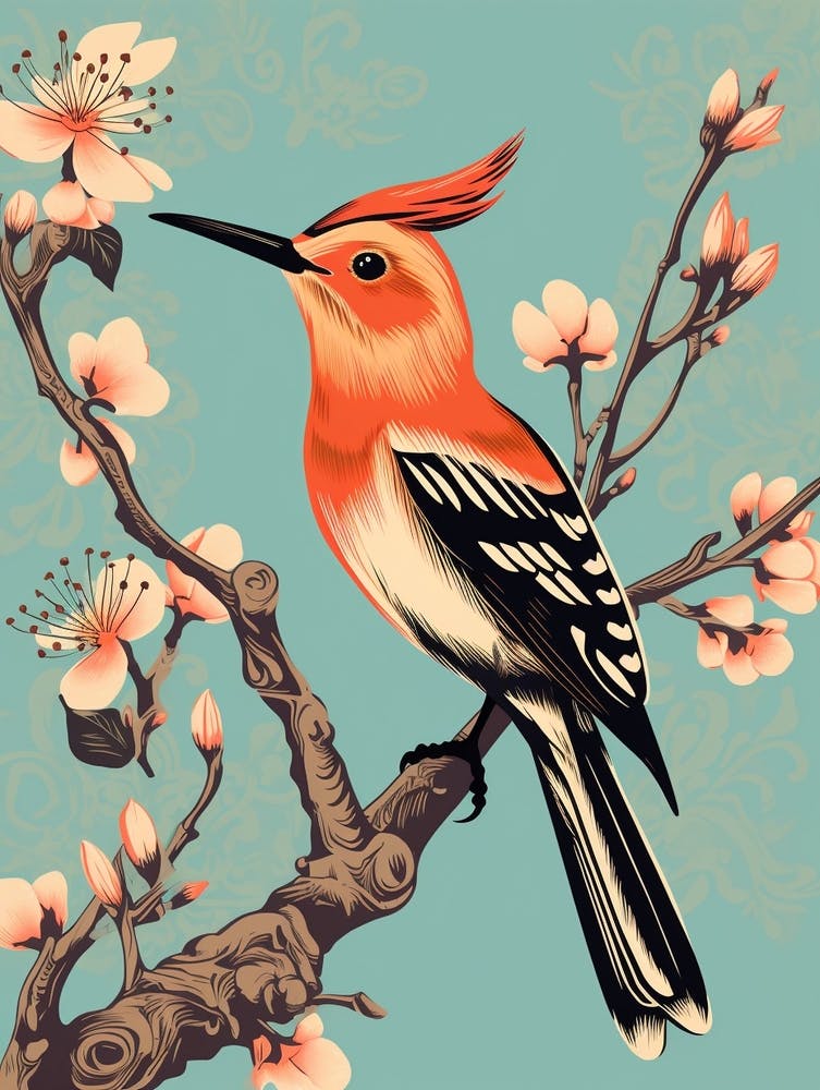 Vintage Bird Linocut Hoopoe 2