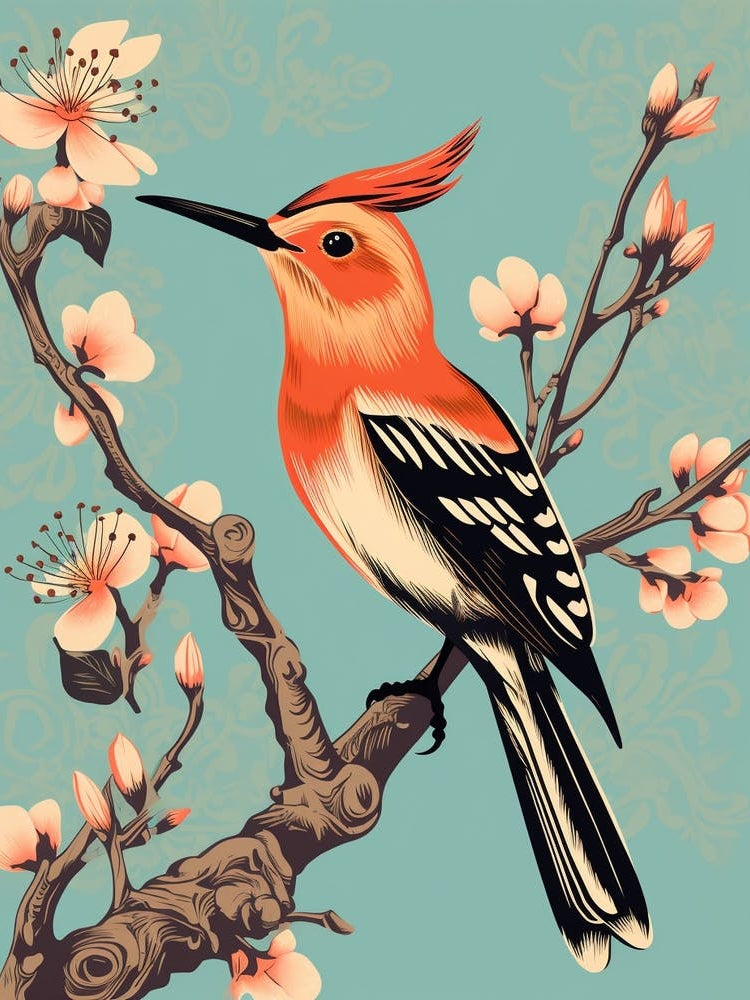 Vintage Bird Linocut Hoopoe 2