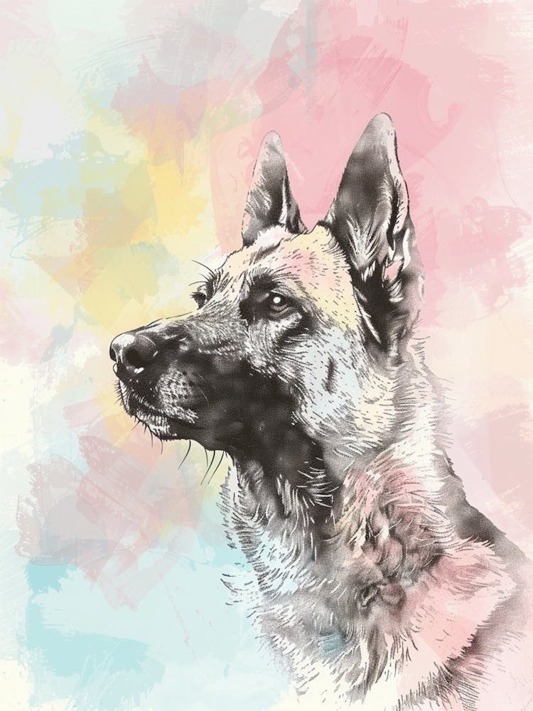 German Shepherd Dog Pastel Line Watercolour Illustration  4