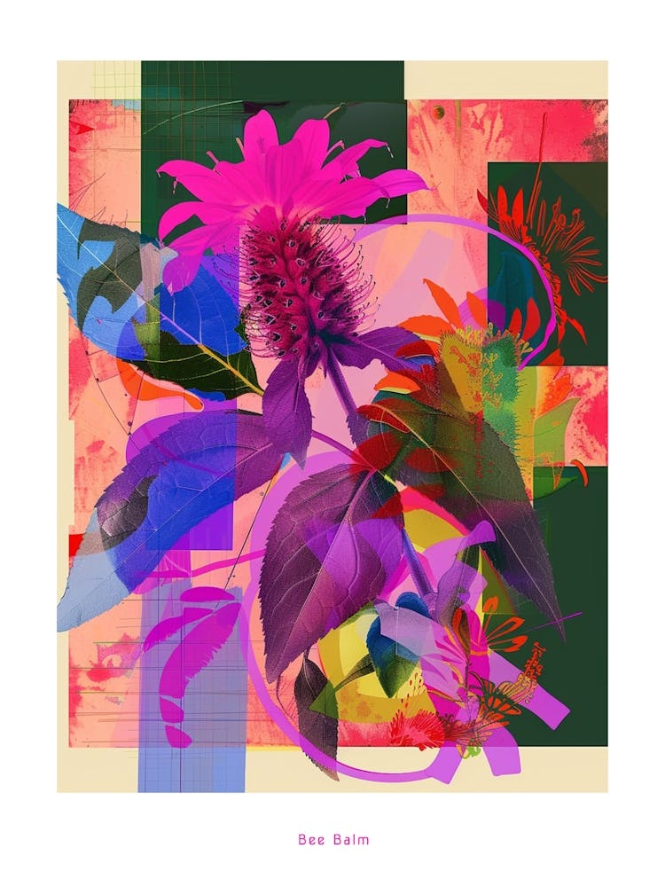 Bee Balm 1 Neon Flower Collage Poster