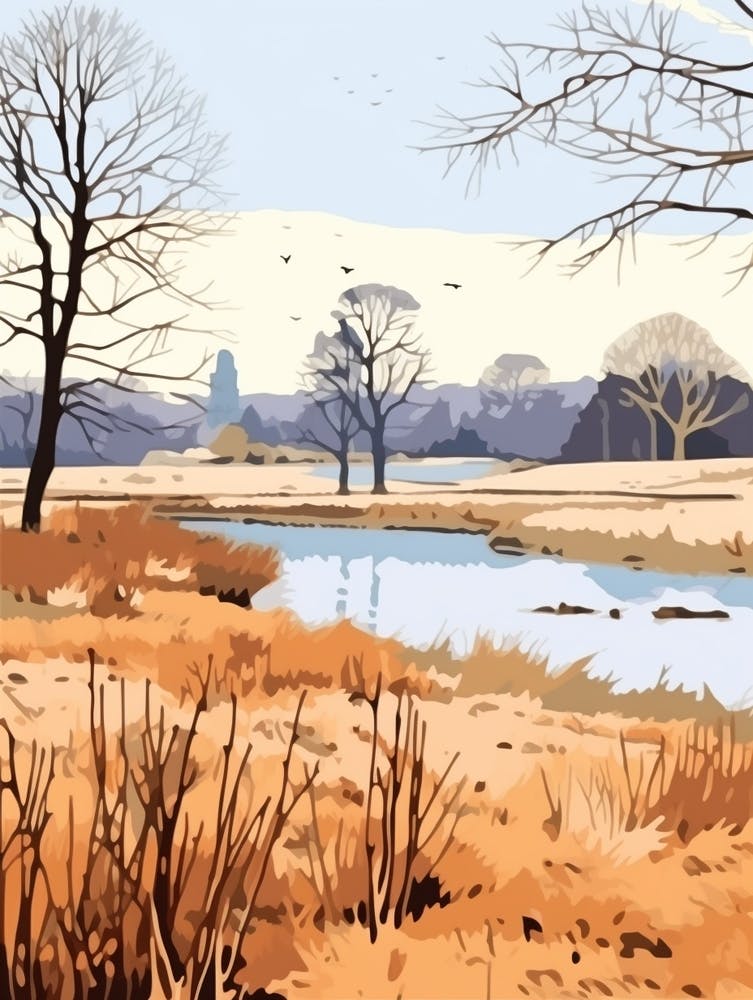 Vintage Winter Travel Illustration Richmond Park England 1