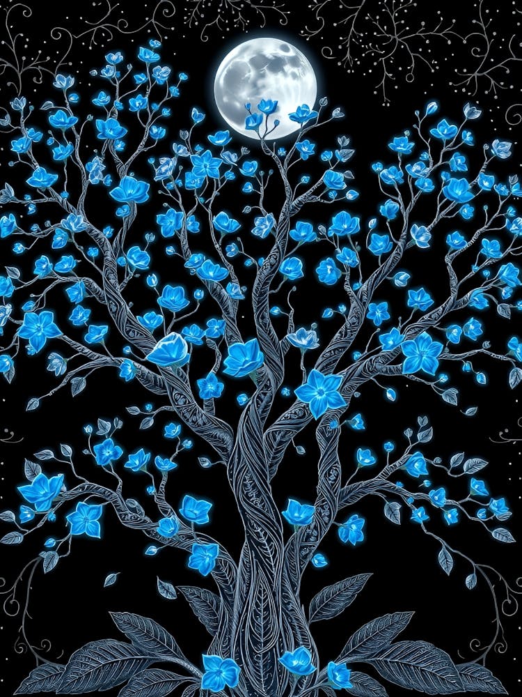 Moon Tree With Blue Flowers 1