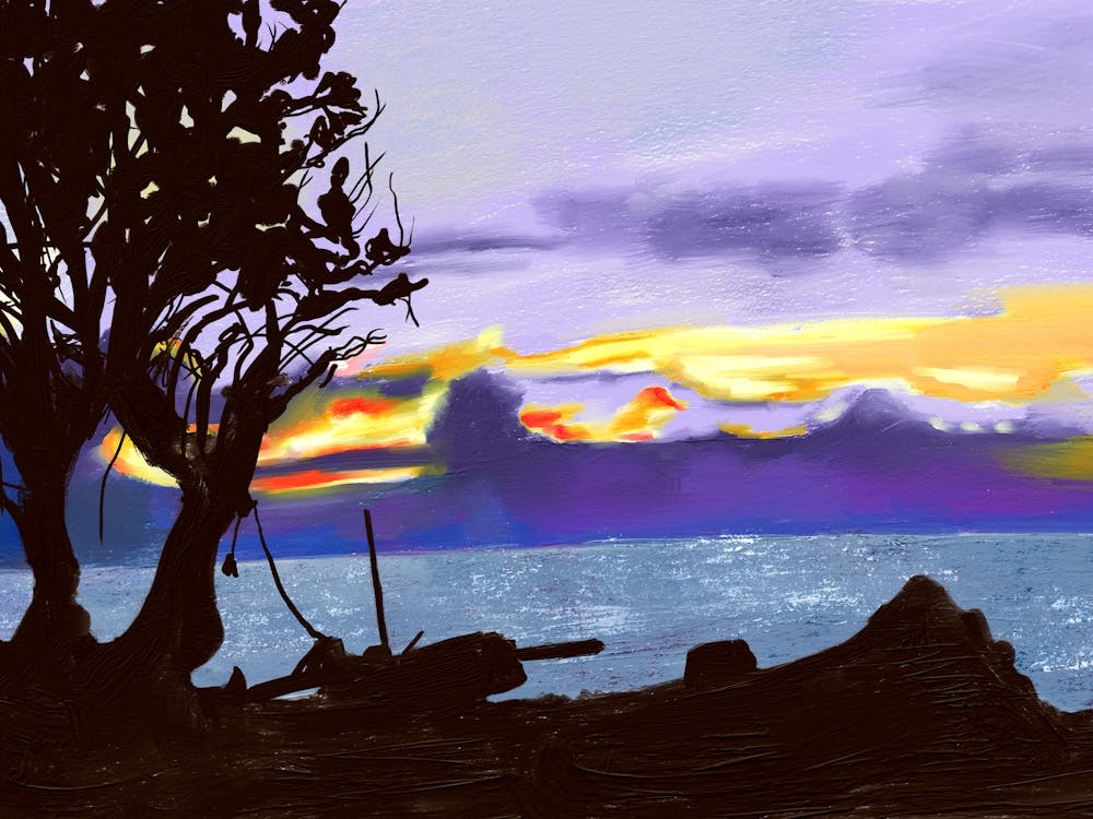 Abend an der Küste Baum See und schöner Himmel Ölgemälde