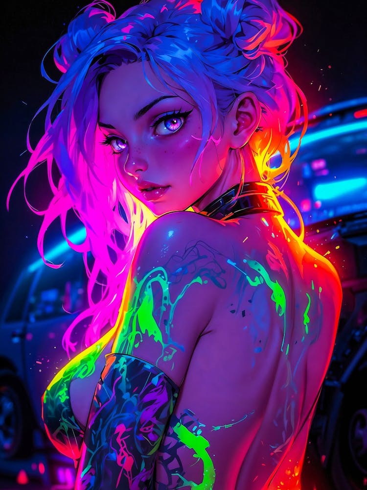 Sexy Japanese girl in neon, flaunting her boobs. Nude anime girl, manga woman, and a beautiful waifu with tattoos. Cyberpunk fantasy girl in a vibrant, captivating style.