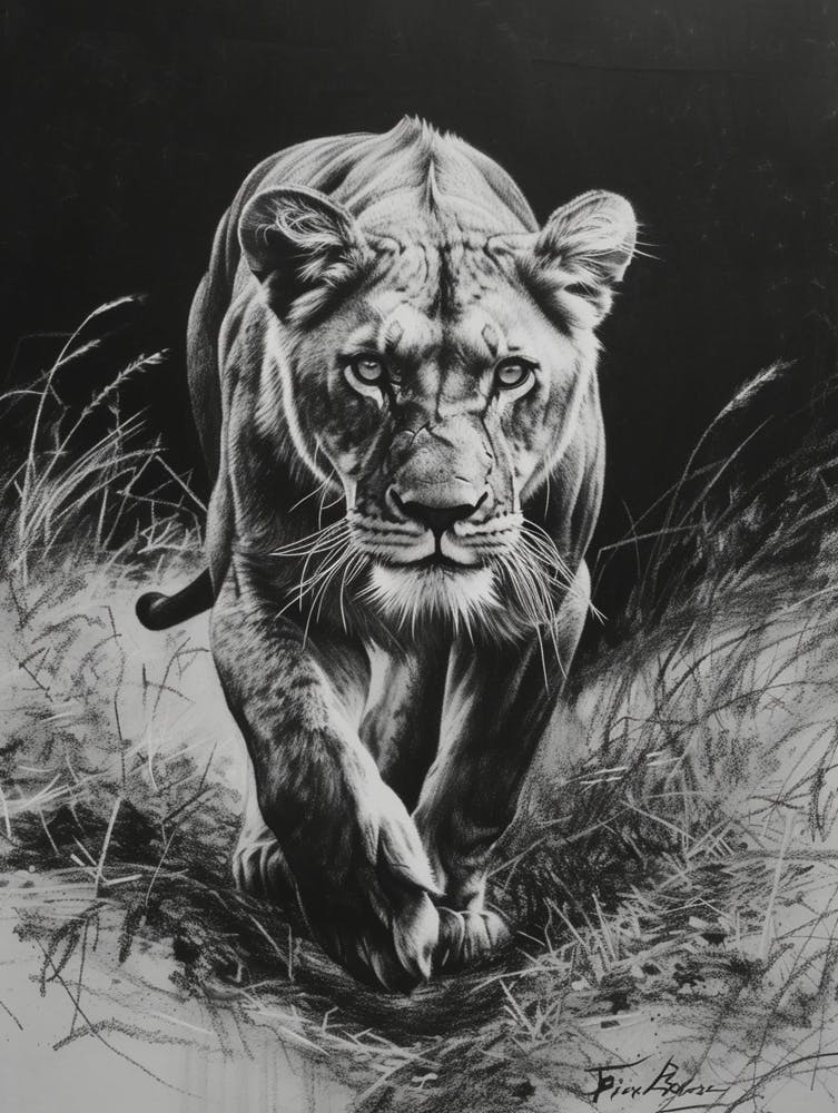 Barbary Lion Charcoal Drawing Lioness 1