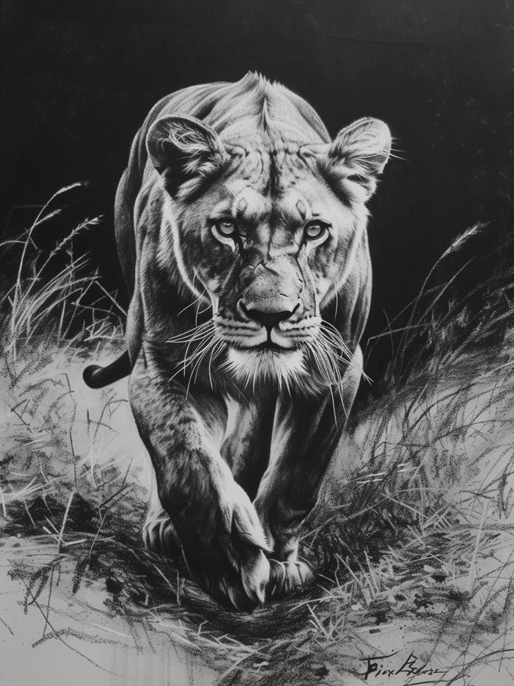 Barbary Lion Charcoal Drawing Lioness 1