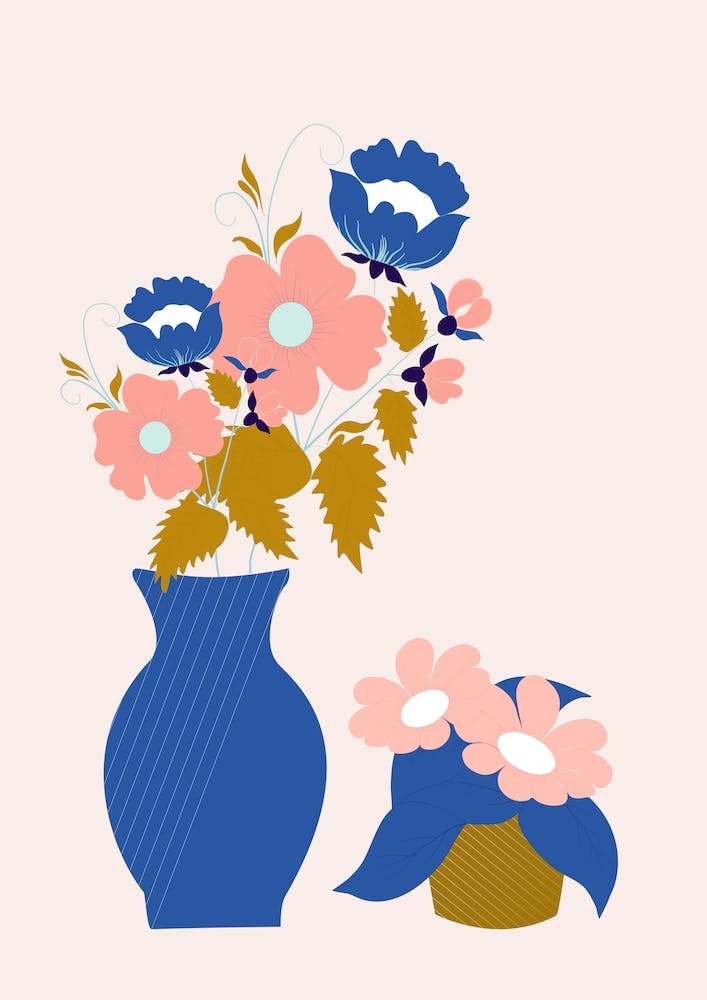 Pink Blue And Gold Vases With Flowers