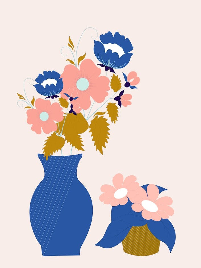 Pink Blue And Gold Vases With Flowers