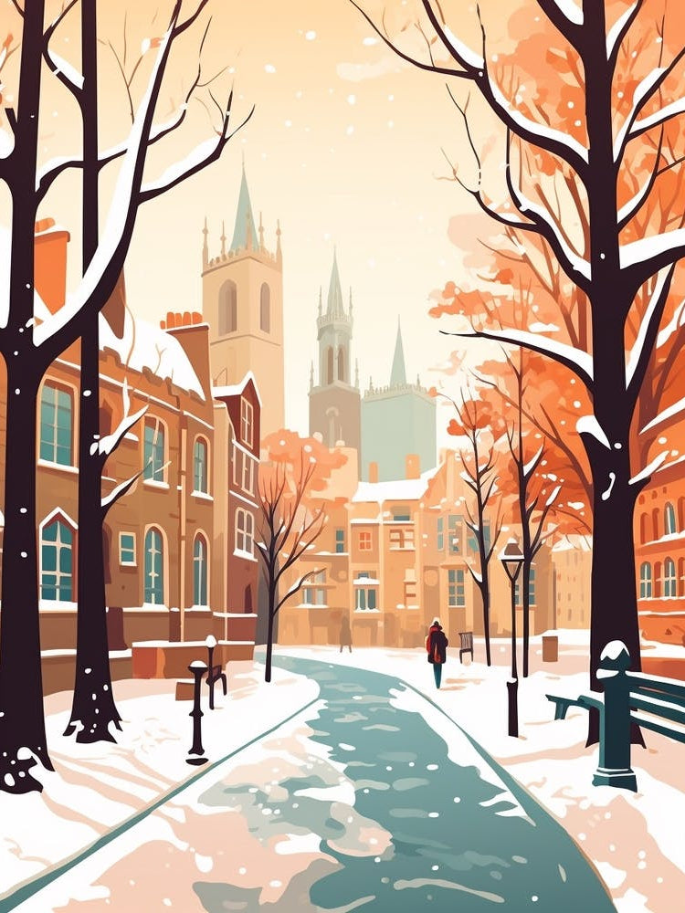 Vintage Winter Travel Illustration Cambridge United Kingdom 2