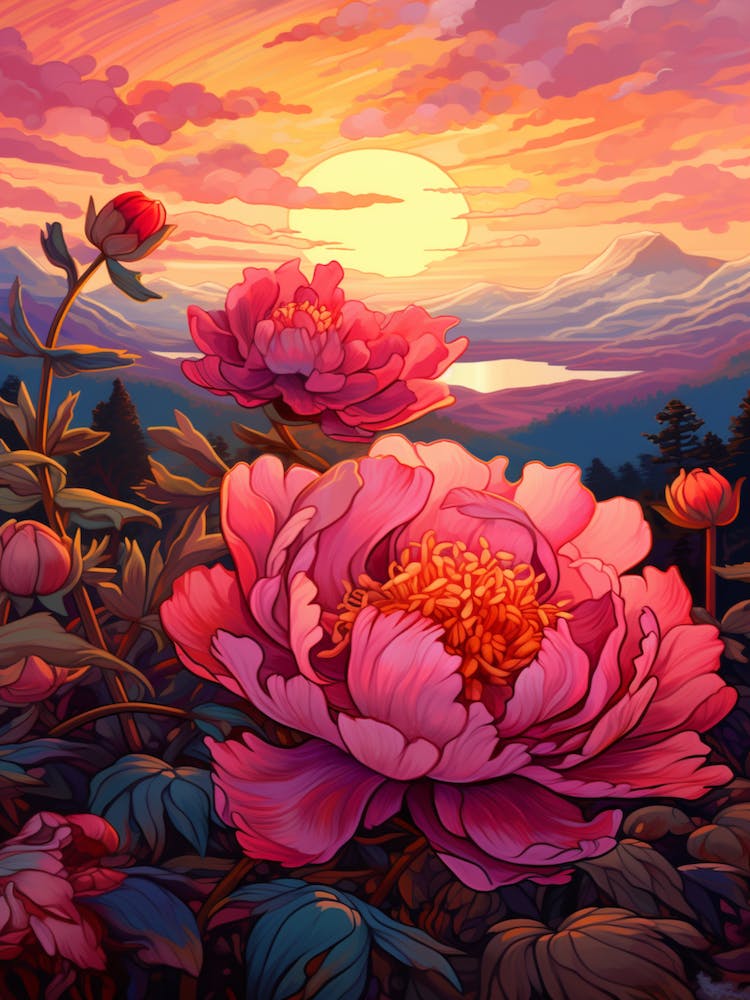 Peony With Sunset In Watercolors (1)