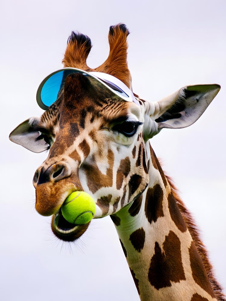 Playful Giraffe with Sunglasses and a Tennis Ball