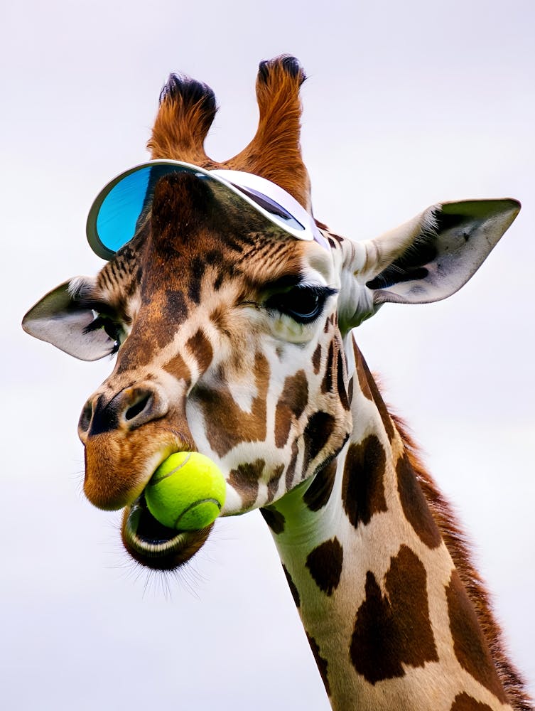 Playful Giraffe with Sunglasses and a Tennis Ball