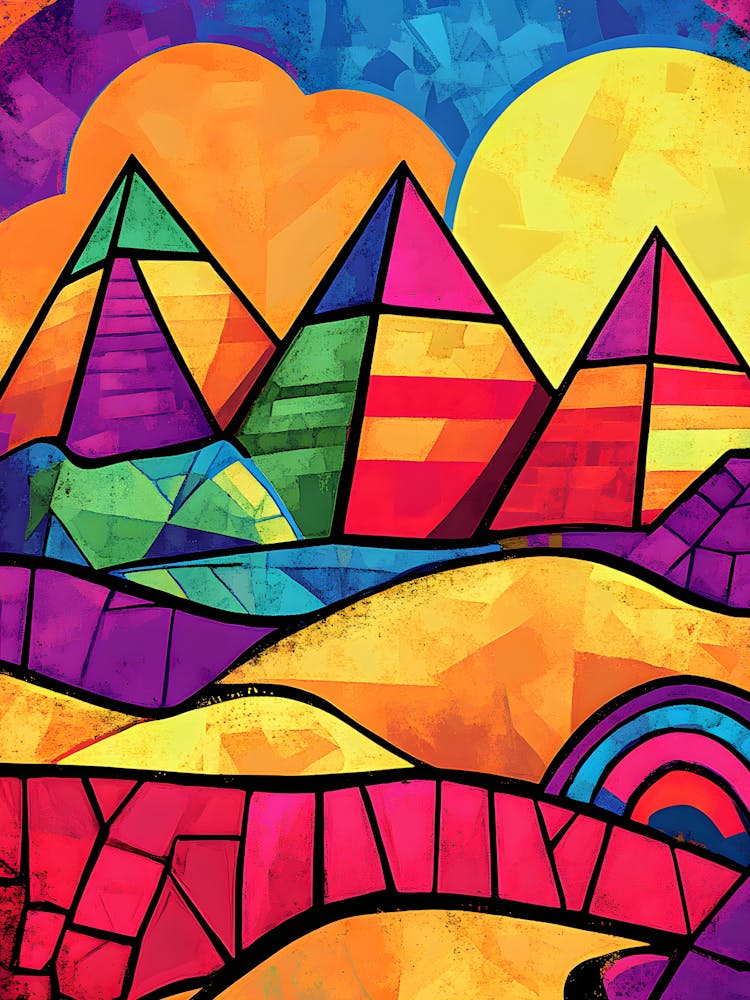 Colorful Geometric Pyramids – Vibrant Abstract Cubist Desert
