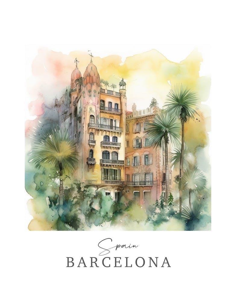 Spain, Barcelona Storybook 3 Travel Poster Watercolour