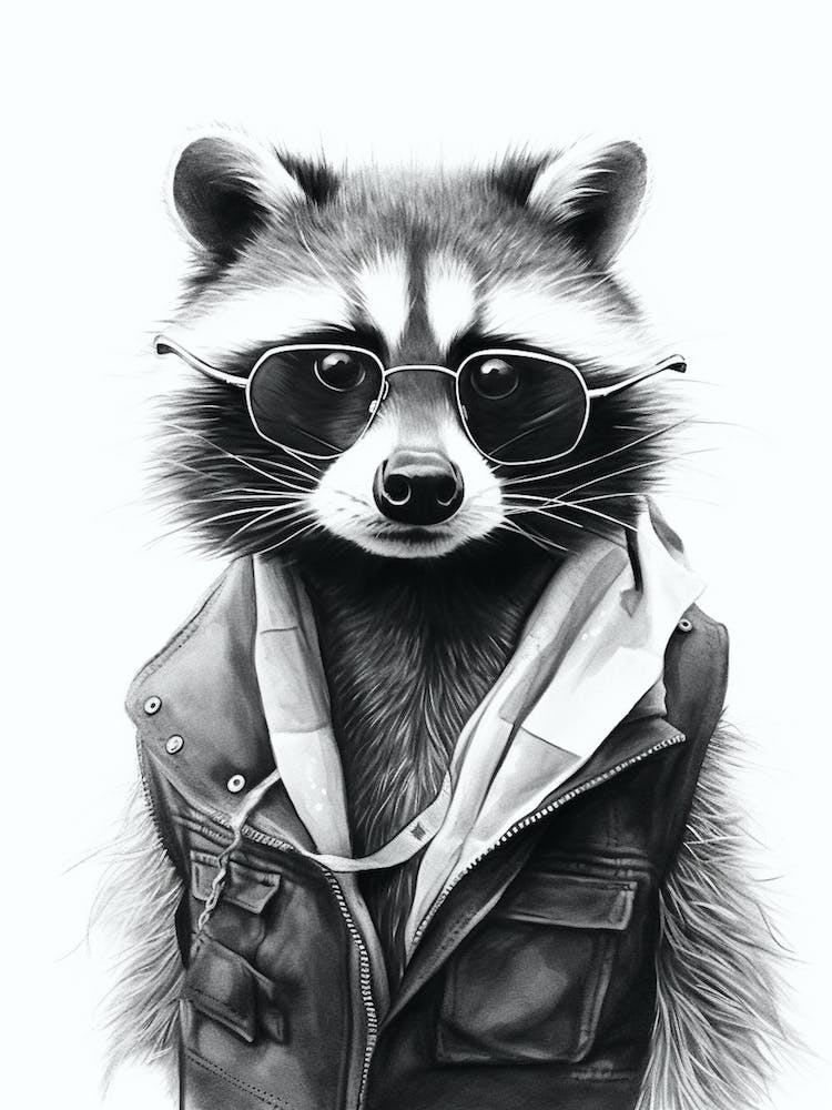 Raccoon In Scarf Black And White 2