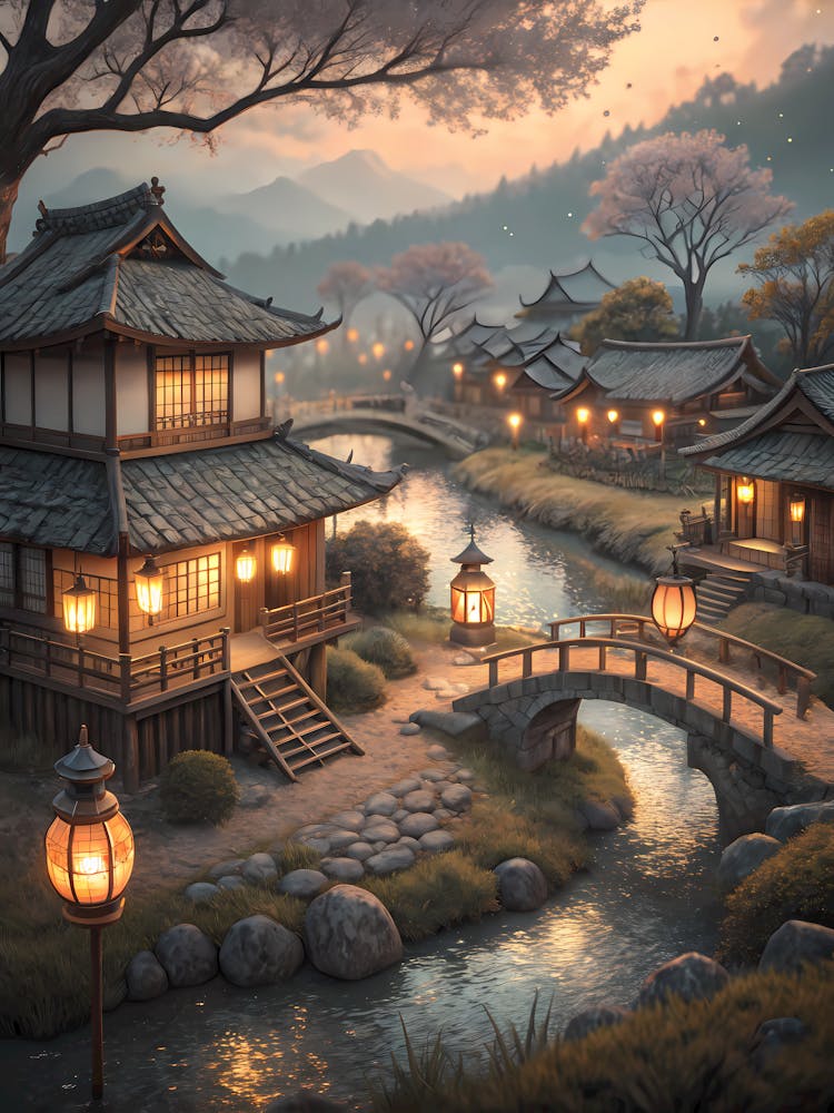 Oil Painting Style Tranquil Ancient Village Lantern-Lit River & Pagoda Houses