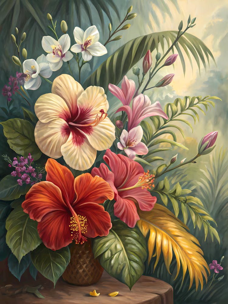Oil Painting Style Tropical Hibiscus Arrangement Vibrant Floral Still Life