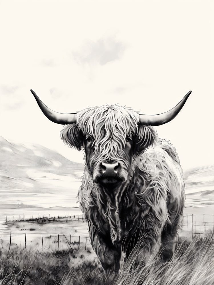 Black & White Illustration Of Highland Cow In Field