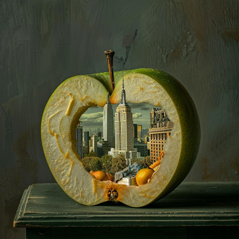 The Big Apple in the Style of Magritte. Surreal Cityscape.