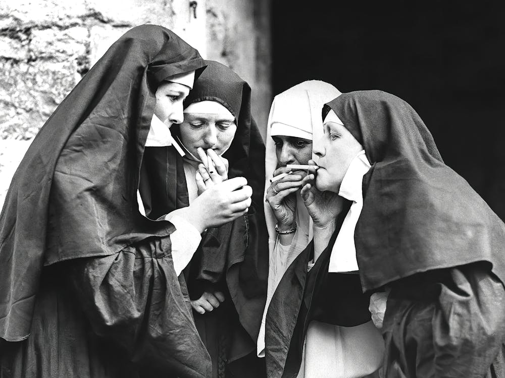 Nuns Smoking, Funny Black and White Old Photo