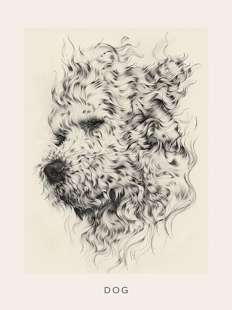 Wavy Haired Dog Sepia Line Sketch Poster