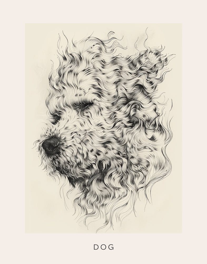 Wavy Haired Dog Sepia Line Sketch Poster