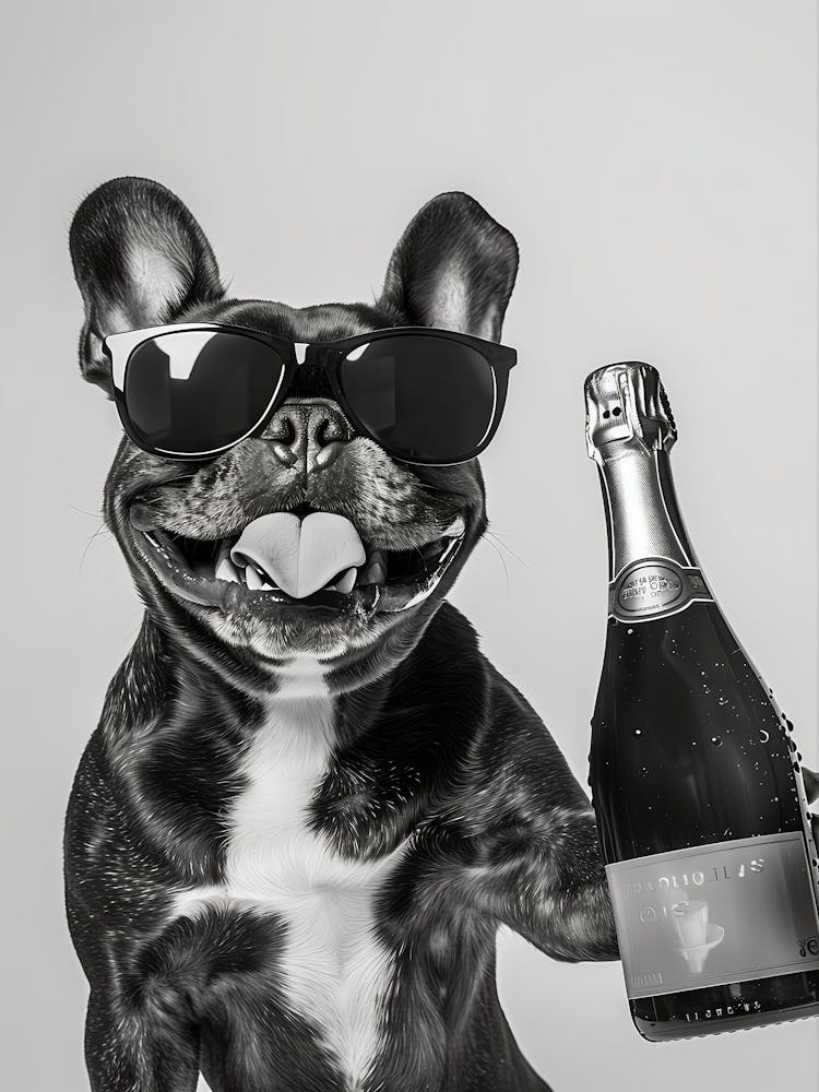 French Bulldog Holding Champagne Wall Art, Black And White Print, Frenchie Gift, Pet Art, Alcohol Print, Funny Dog Poster, Home Bar Decor