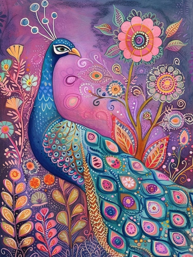 Folky Floral Peacock With The Plants 4