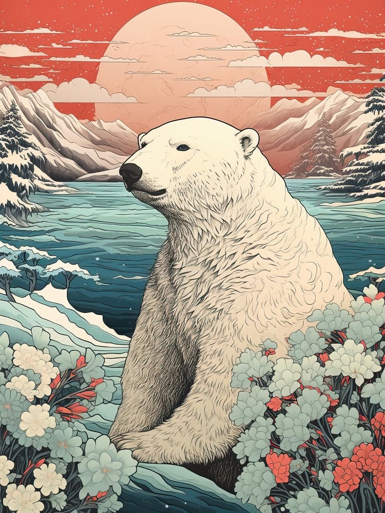 Polar Bear Animal Drawing In The Style Of Ukiyo E 2