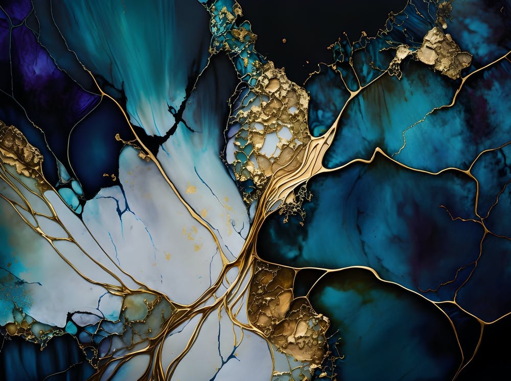 Blue Gold White Alcohol Ink Fluid Art Painting