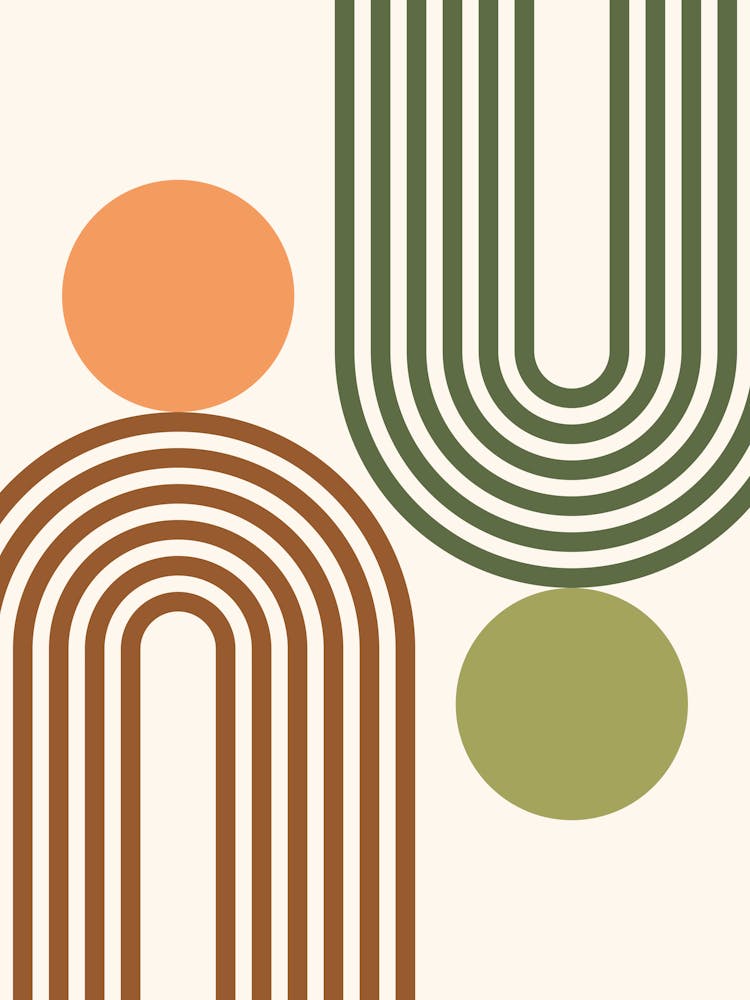 Mid Century Modern Geometric 463 In Sage Green Terracotta Rainbow And Sun Abstraction 01