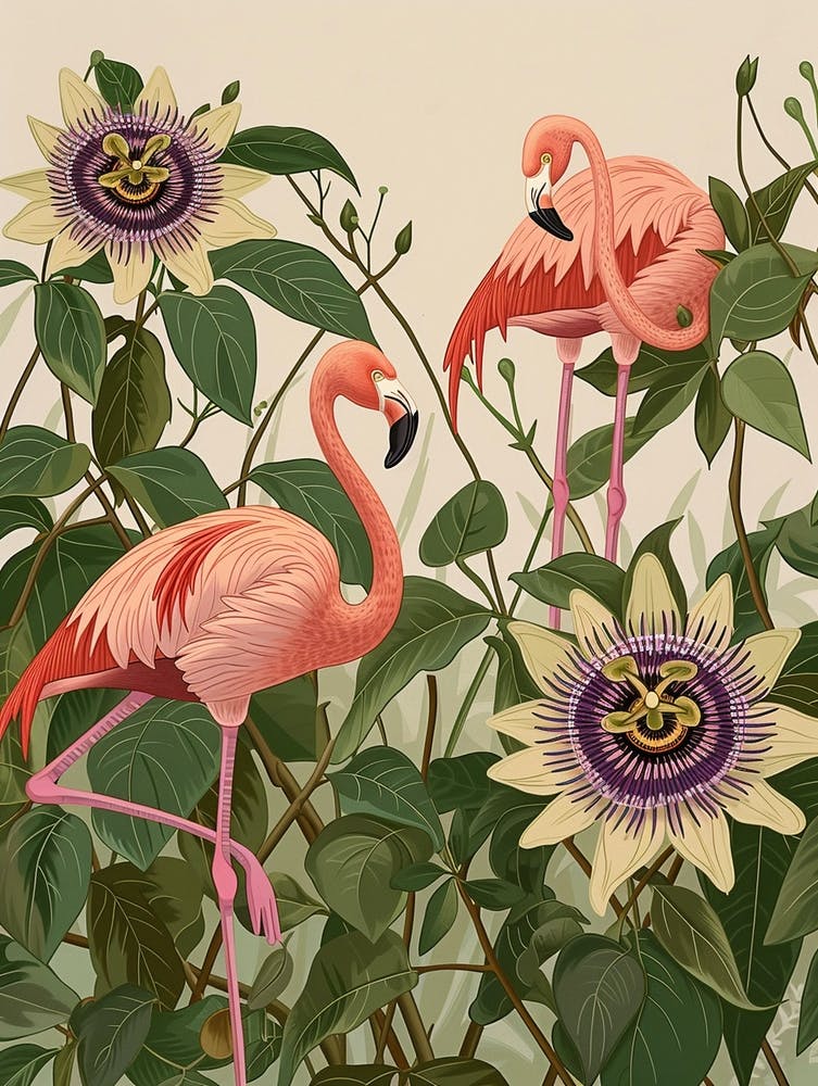 Lesser Flamingo And Passionflowers Minimalist Illustration 2
