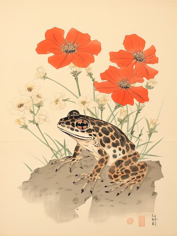 Frog And Flowers, Matsumoto Hoji Inspired Japanese Woodblock 3